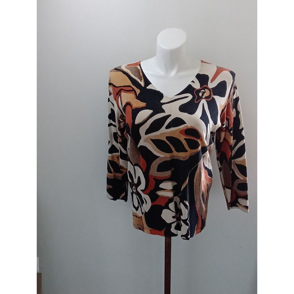 Chico's Women's Floral Print V-Neck Top 3/4 Sleeve Silk B